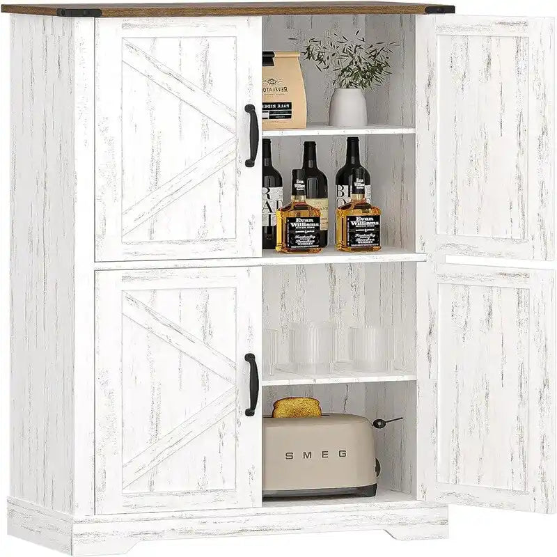 Meuble de rangement autoportant avec 4 portes coulissantes et étagères réglables Blanc rustique