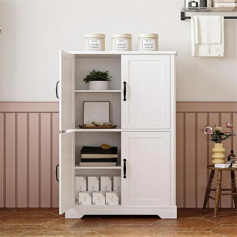 Meuble de rangement autoportant avec 4 portes coulissantes et étagères réglables Blanc rustique