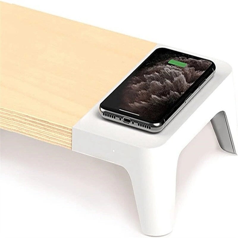 Support d'écran en bois avec recharge sans fil et rangement - Blanc