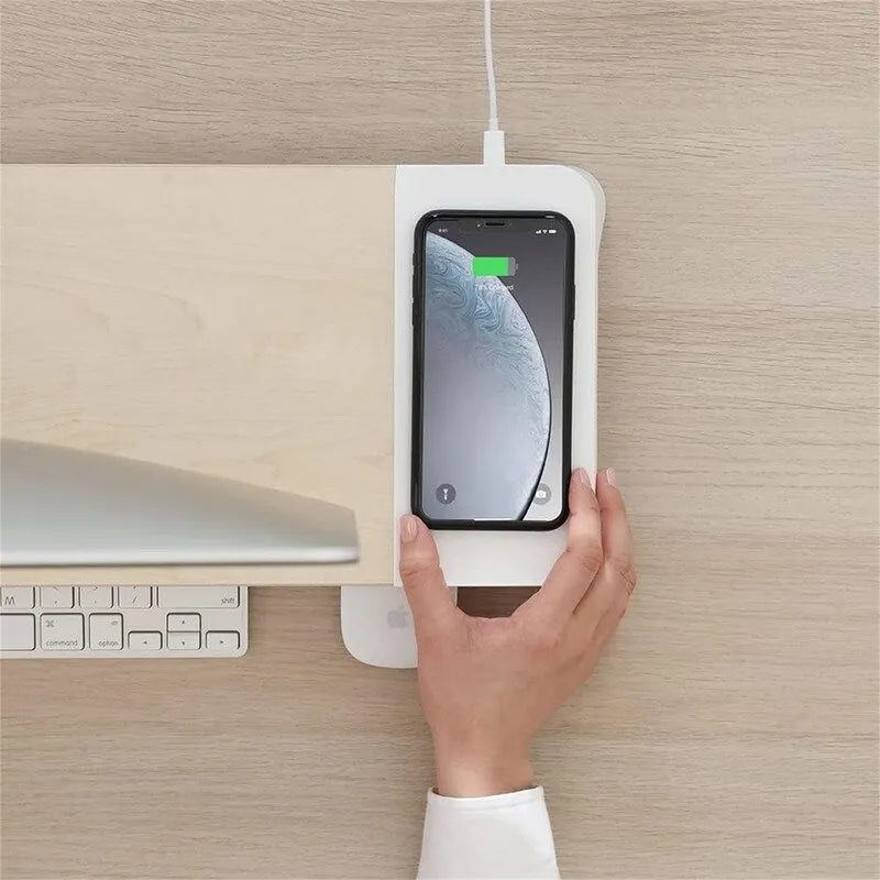 Support d'écran en bois avec recharge sans fil et rangement - Blanc