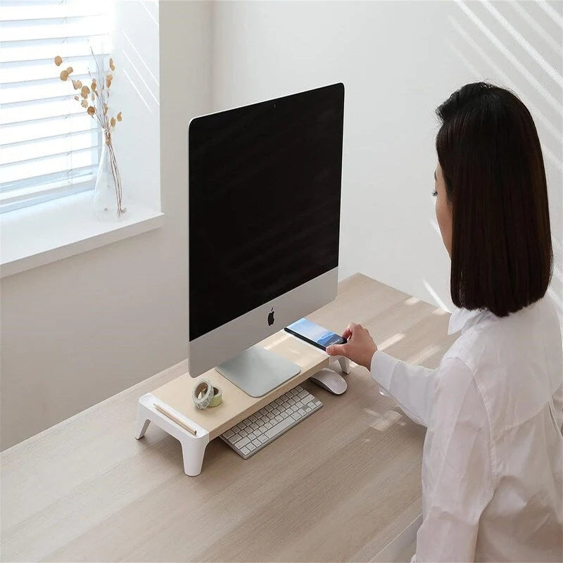 Support d'écran en bois avec recharge sans fil et rangement - Blanc