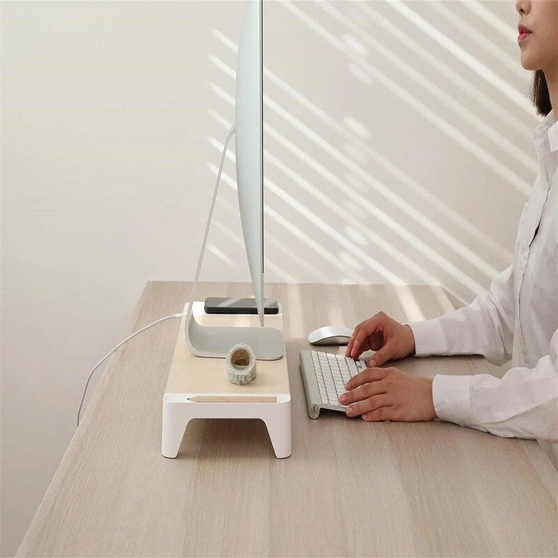 Support d'écran en bois avec recharge sans fil et rangement - Blanc