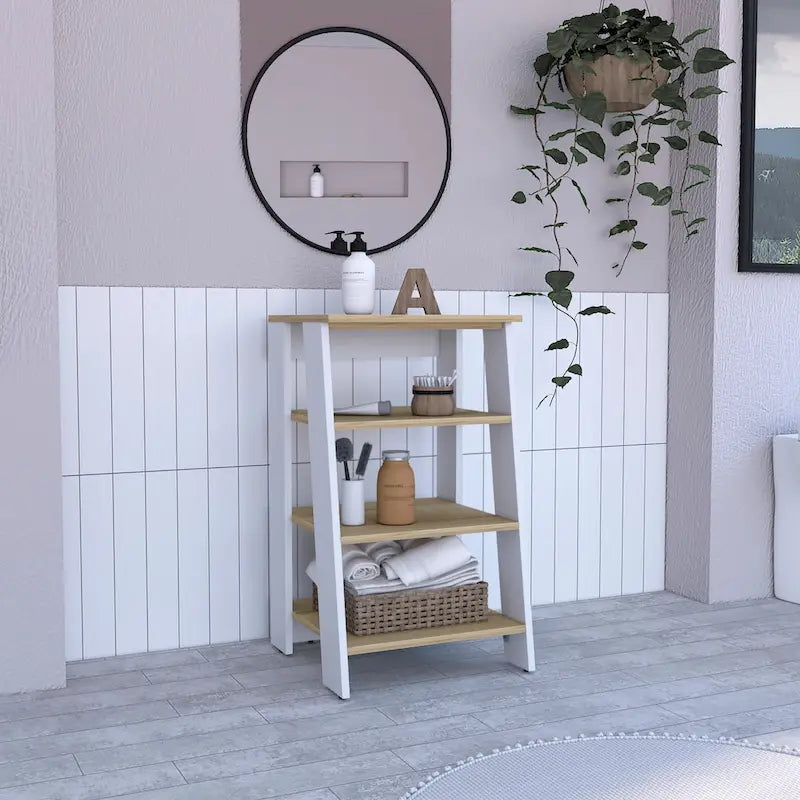 Étagère échelle 4 niveaux autoportante, meuble de rangement de salle de bain ouvert, chêne clair et cadre blanc
