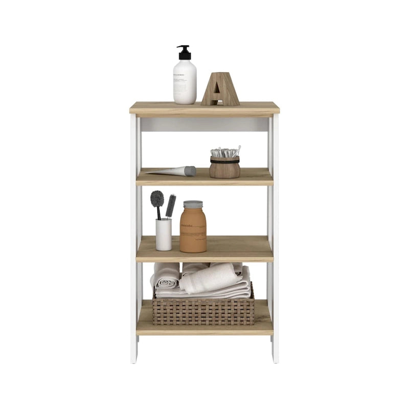 Étagère échelle 4 niveaux autoportante, meuble de rangement de salle de bain ouvert, chêne clair et cadre blanc