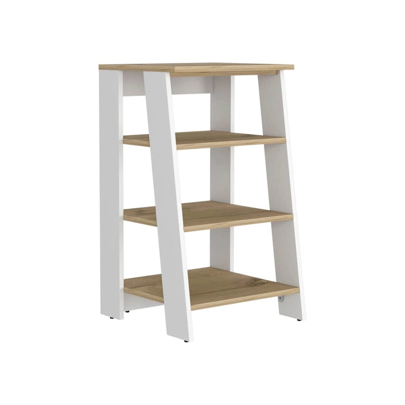 Étagère échelle 4 niveaux autoportante, meuble de rangement de salle de bain ouvert, chêne clair et cadre blanc