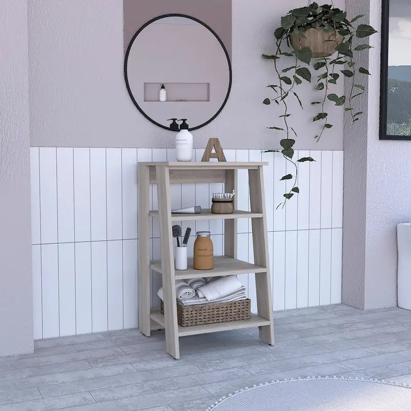 Étagère échelle 4 niveaux autoportante, meuble de rangement de salle de bain ouvert, chêne clair et cadre blanc