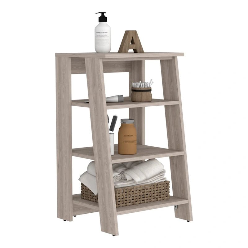 Étagère échelle 4 niveaux autoportante, meuble de rangement de salle de bain ouvert, chêne clair et cadre blanc