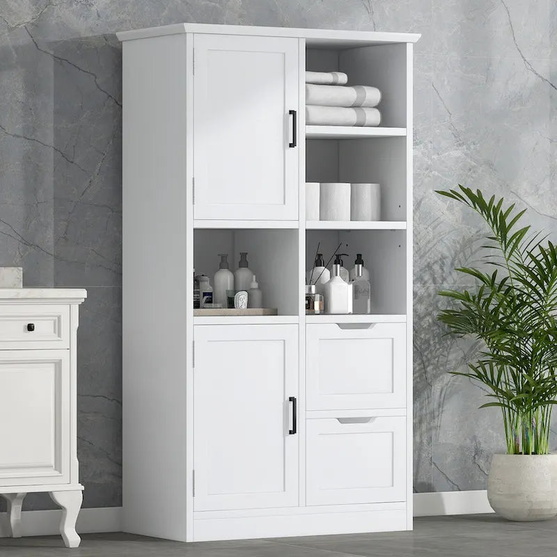 Haute armoire de rangement blanche avec portes, tiroirs et étagères ouvertes