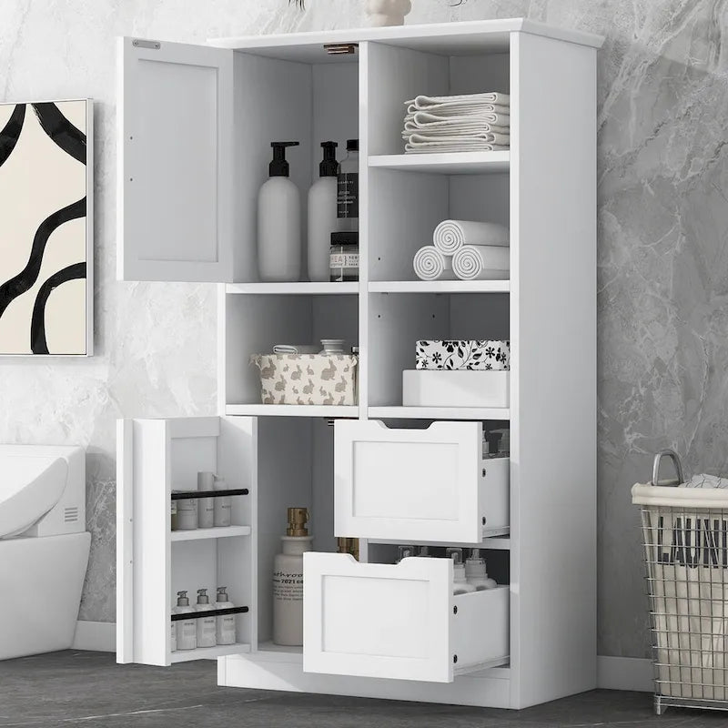 Haute armoire de rangement blanche avec portes, tiroirs et étagères ouvertes