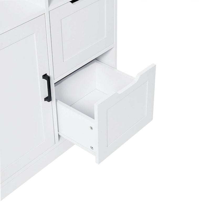Haute armoire de rangement blanche avec portes, tiroirs et étagères ouvertes
