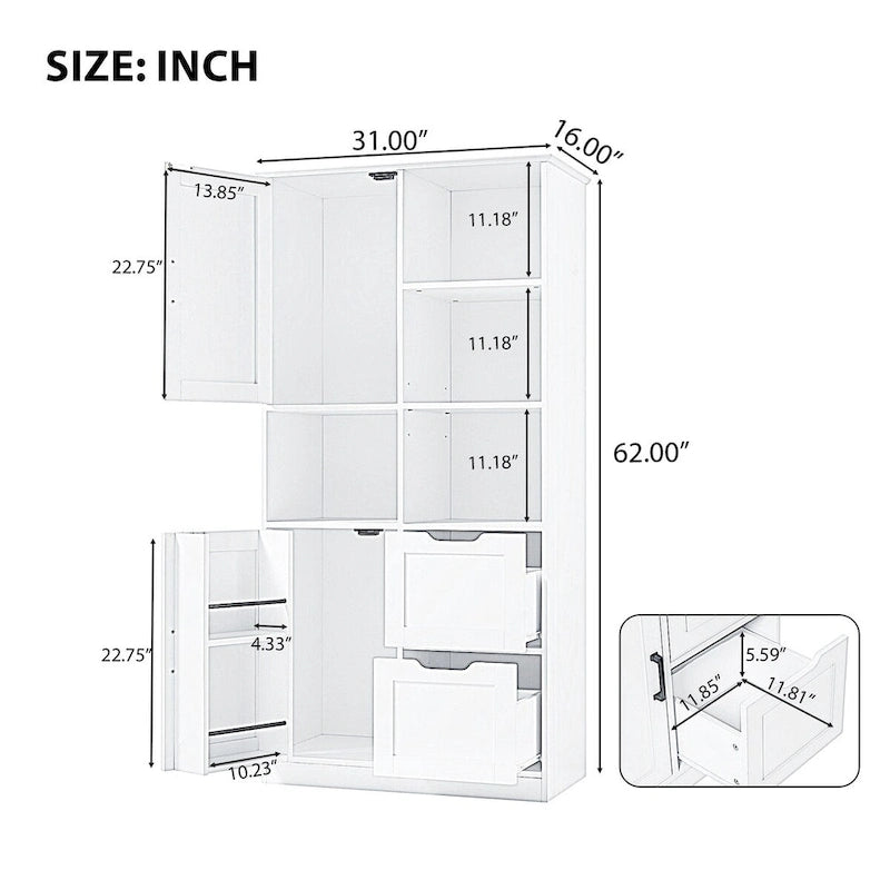 Haute armoire de rangement blanche avec portes, tiroirs et étagères ouvertes