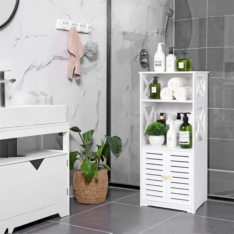 Meuble de rangement de salle de bain blanc avec étagères ouvertes et deux portes