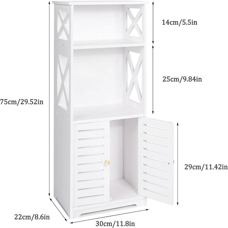 Meuble de rangement de salle de bain blanc avec étagères ouvertes et deux portes