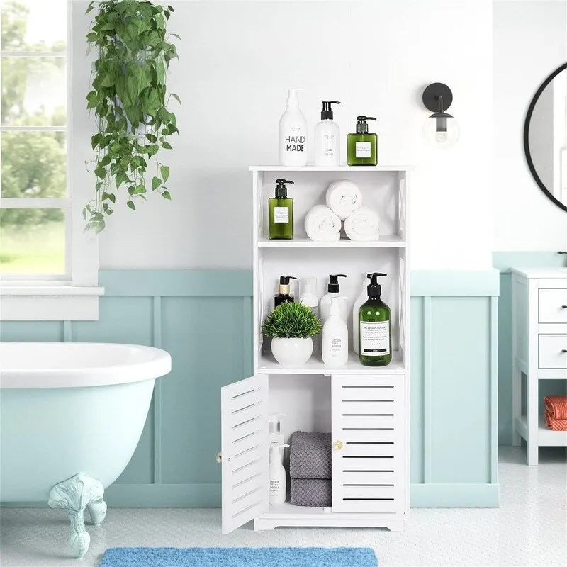 Meuble de rangement de salle de bain blanc avec étagères ouvertes et deux portes