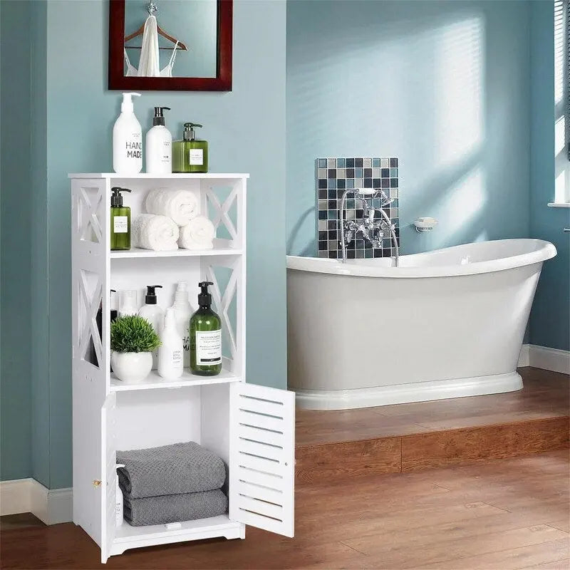 Meuble de rangement de salle de bain blanc avec étagères ouvertes et deux portes