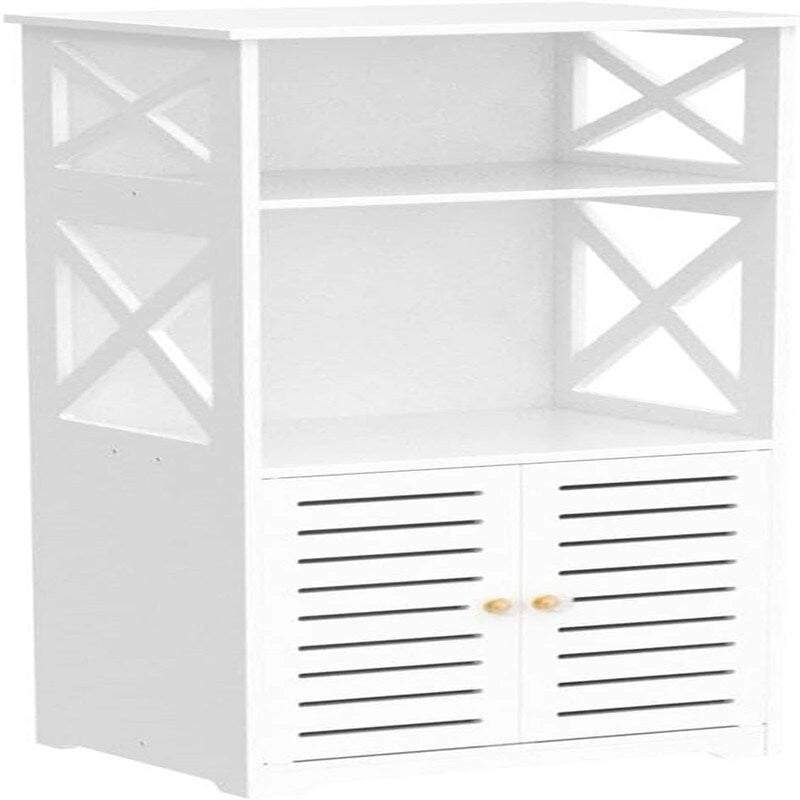 Meuble de rangement de salle de bain blanc avec étagères ouvertes et deux portes