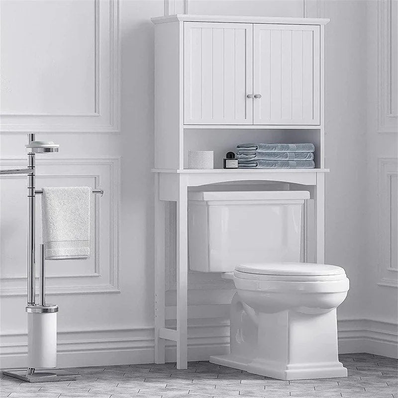 Meuble de Rangement sur Pied pour Toilettes en MDF Blanc avec Étagère Réglable et Portes Doubles