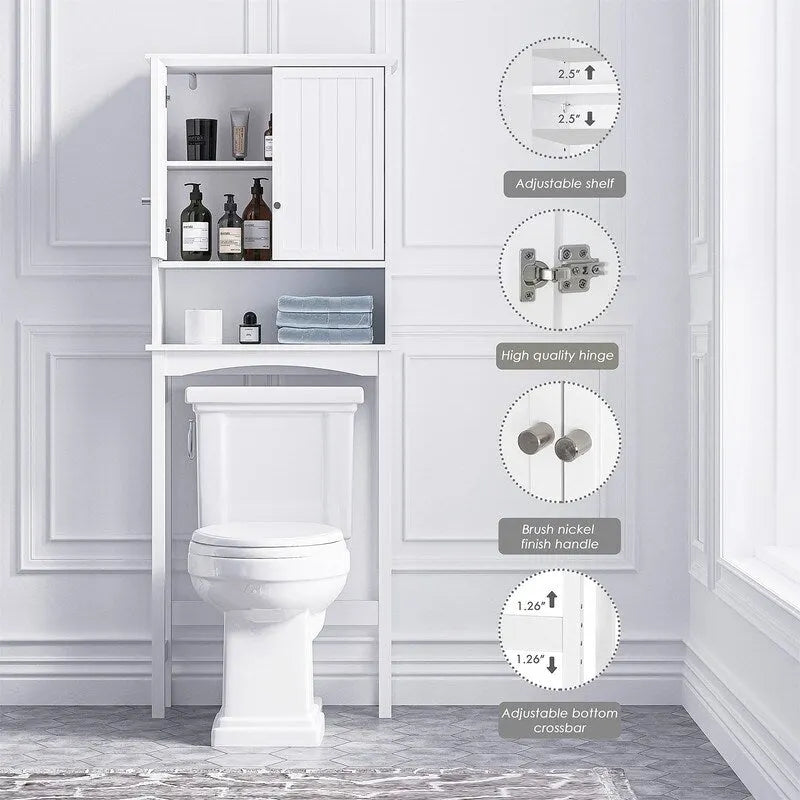 Meuble de Rangement sur Pied pour Toilettes en MDF Blanc avec Étagère Réglable et Portes Doubles