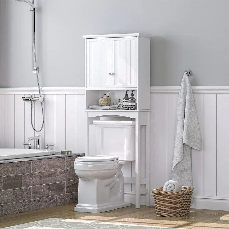 Meuble de Rangement sur Pied pour Toilettes en MDF Blanc avec Étagère Réglable et Portes Doubles