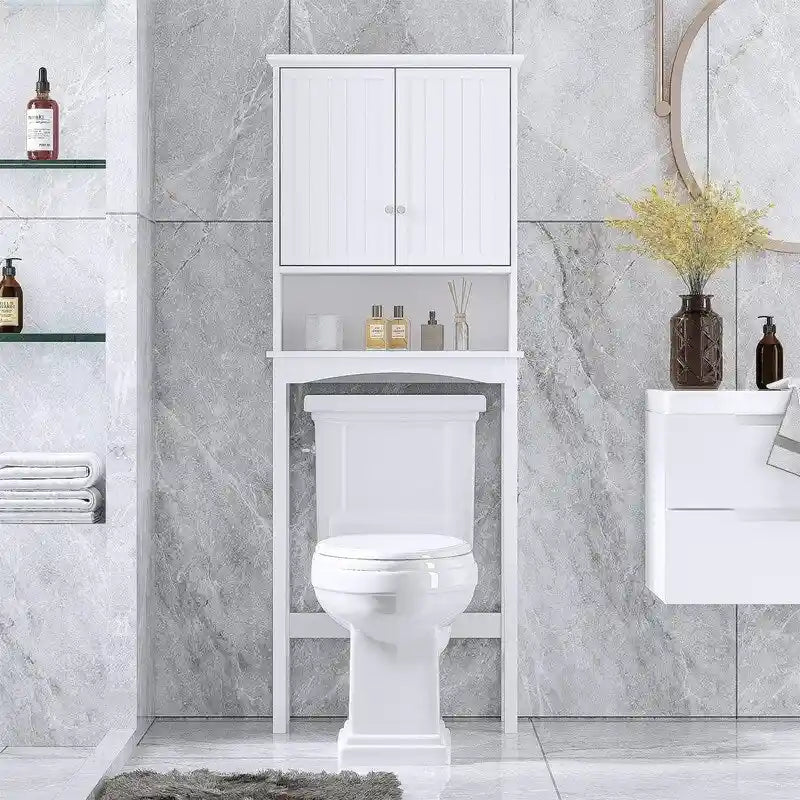 Meuble de Rangement sur Pied pour Toilettes en MDF Blanc avec Étagère Réglable et Portes Doubles
