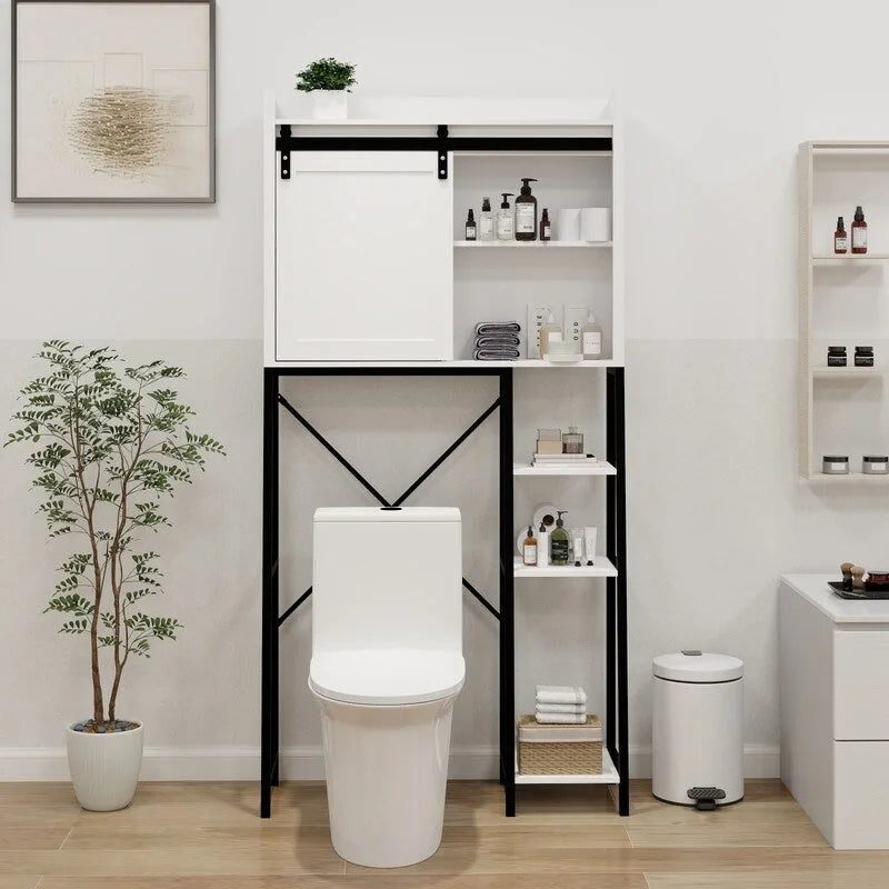 Meuble de rangement blanc à poser au-dessus des toilettes avec porte coulissante style grange et étagères ouvertes