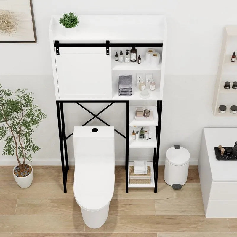 Meuble de rangement blanc à poser au-dessus des toilettes avec porte coulissante style grange et étagères ouvertes