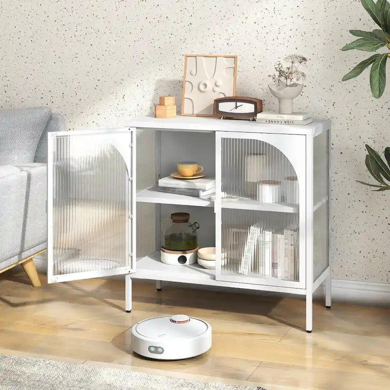 Armoire de rangement en métal avec porte vitrée cintrée et étagère réglable, blanc ou noir