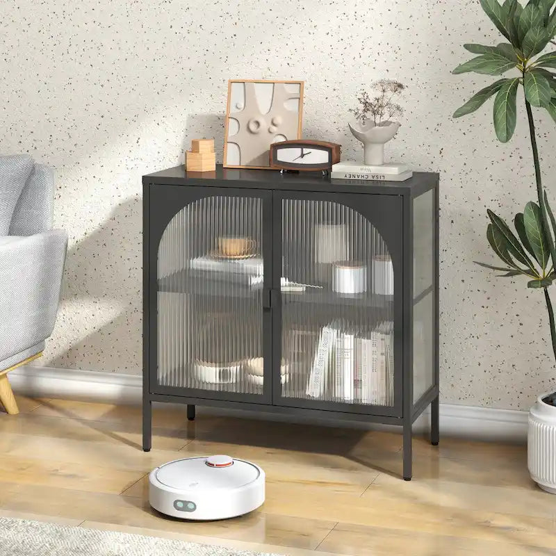 Armoire de rangement en métal avec porte vitrée cintrée et étagère réglable, blanc ou noir