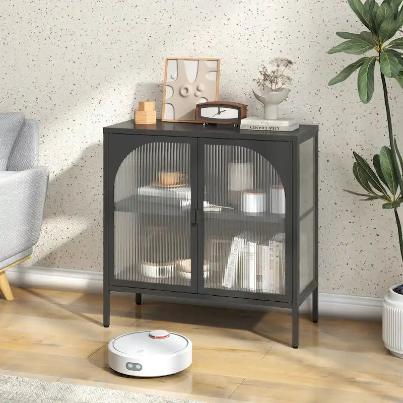 Armoire de rangement en métal avec porte vitrée cintrée et étagère réglable, blanc ou noir