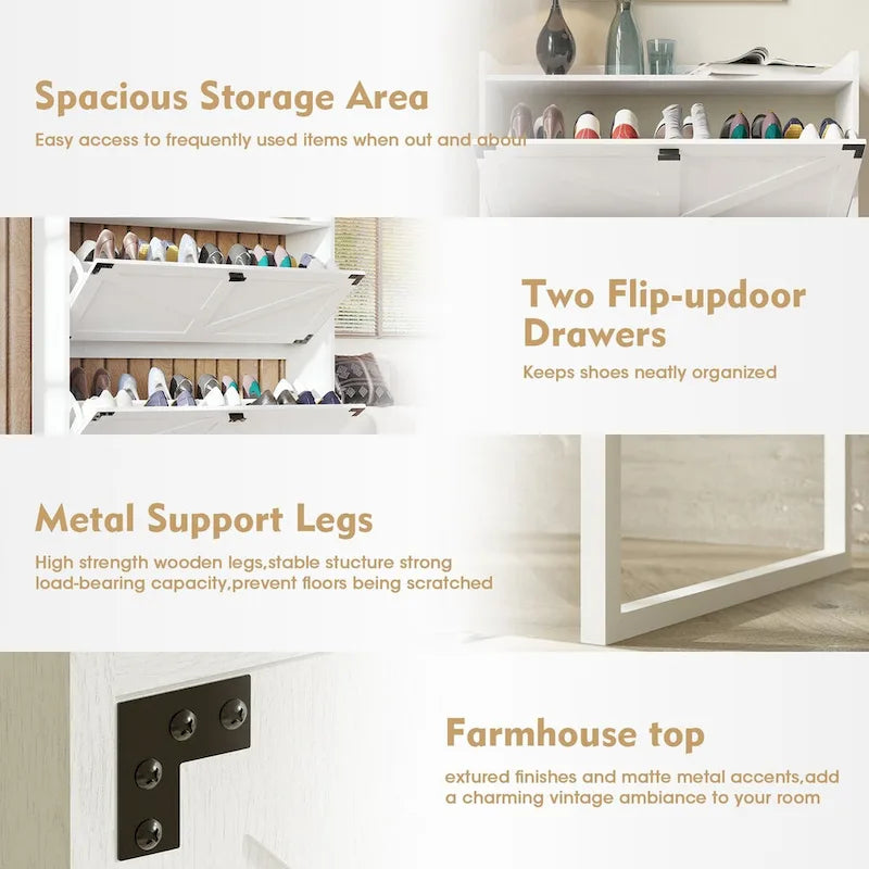 Meuble à chaussures fin et indépendant avec tiroirs à abattant et étagère ouverte Blanc MDF