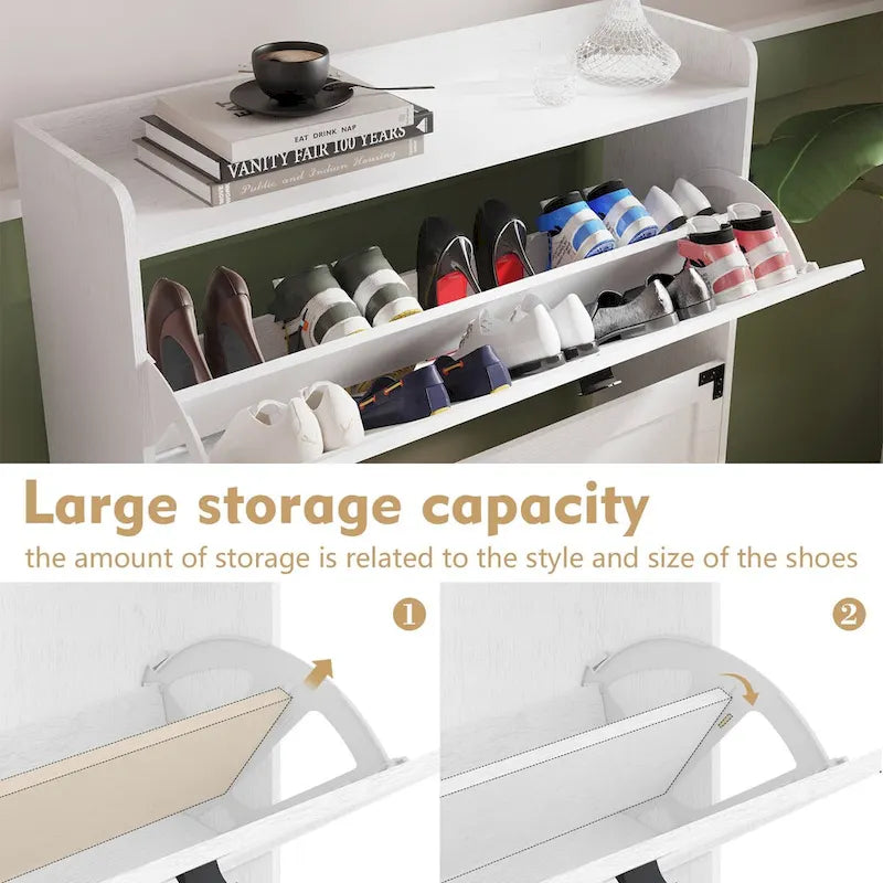 Meuble à chaussures fin et indépendant avec tiroirs à abattant et étagère ouverte Blanc MDF