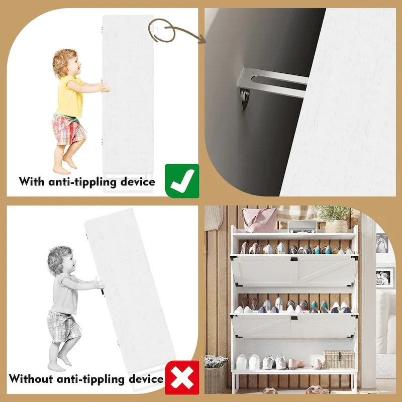 Meuble à chaussures fin et indépendant avec tiroirs à abattant et étagère ouverte Blanc MDF