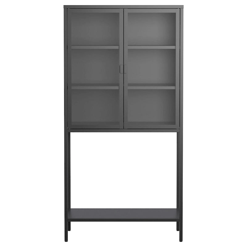 Tall Metal Glass Door Storage Cabinet with Open Shelf Black Antique White