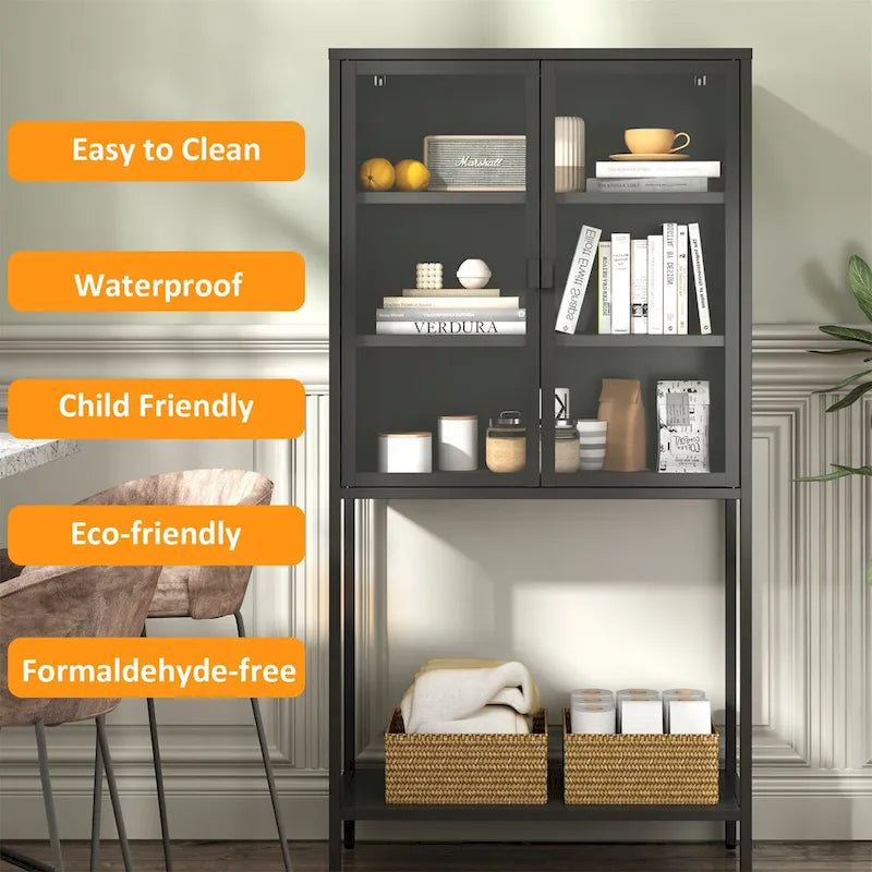 Tall Metal Glass Door Storage Cabinet with Open Shelf Black Antique White