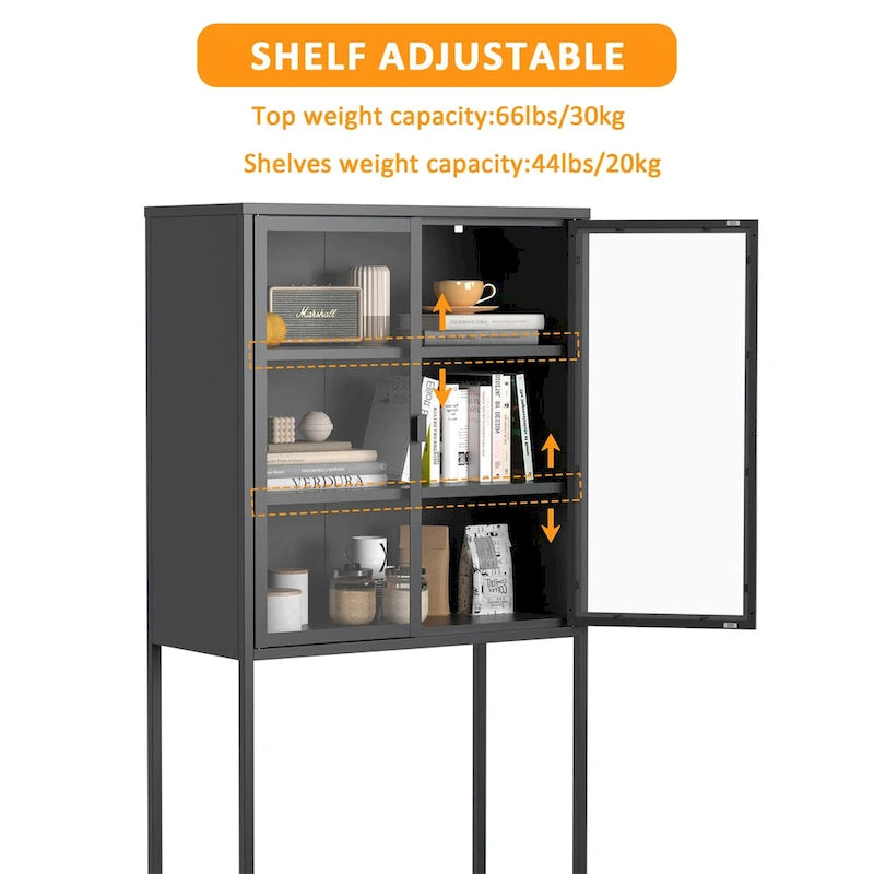 Tall Metal Glass Door Storage Cabinet with Open Shelf Black Antique White