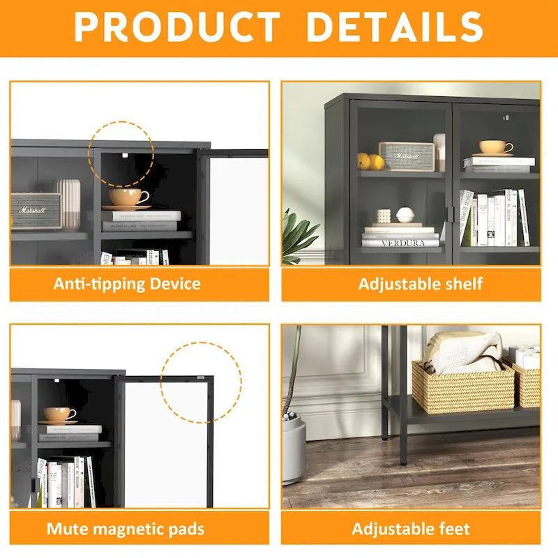 Tall Metal Glass Door Storage Cabinet with Open Shelf Black Antique White