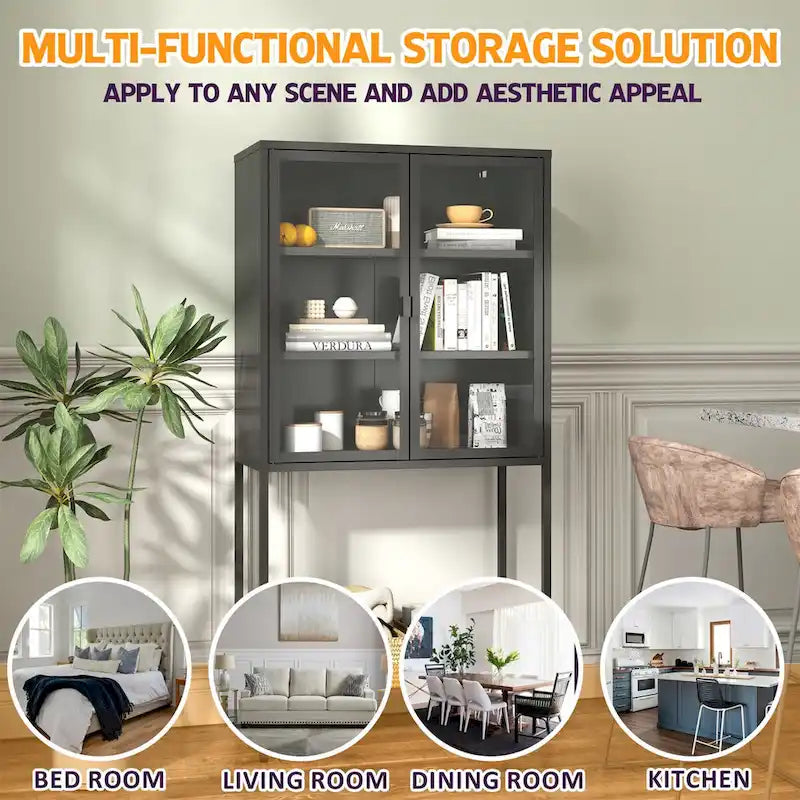 Tall Metal Glass Door Storage Cabinet with Open Shelf Black Antique White