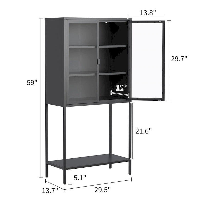 Tall Metal Glass Door Storage Cabinet with Open Shelf Black Antique White
