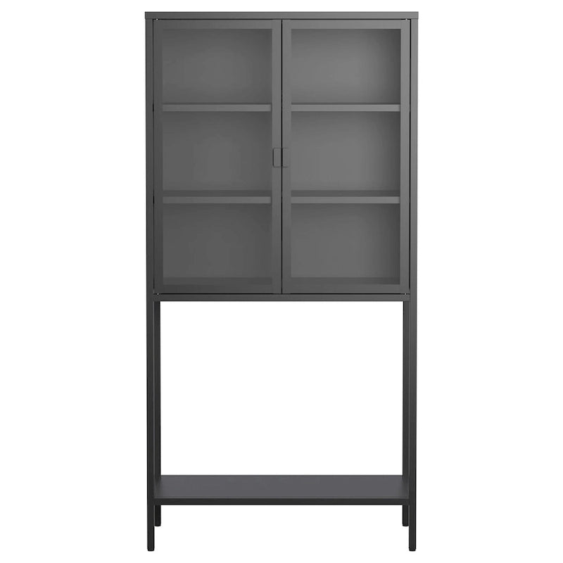 Tall Metal Glass Door Storage Cabinet with Open Shelf Black Antique White