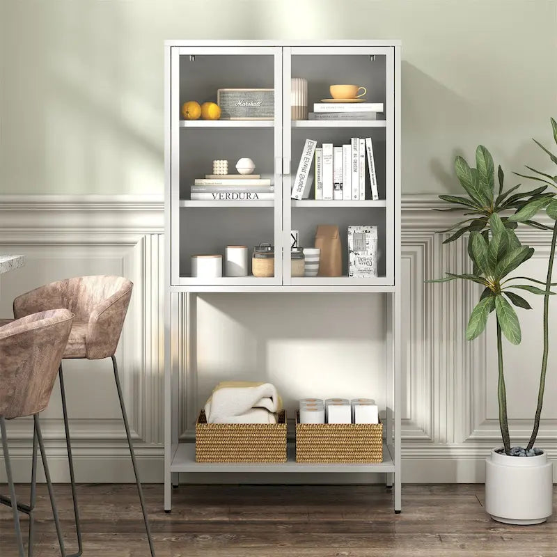 Tall Metal Glass Door Storage Cabinet with Open Shelf Black Antique White