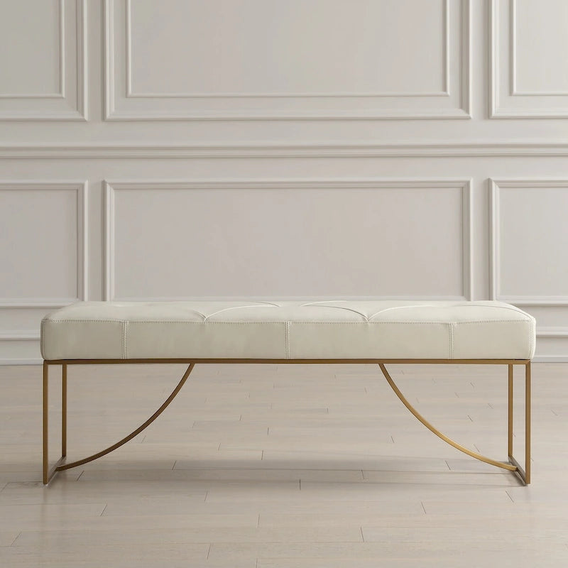 Banc capitonné en cuir pleine fleur ivoire avec base en acier brossé couleur laiton