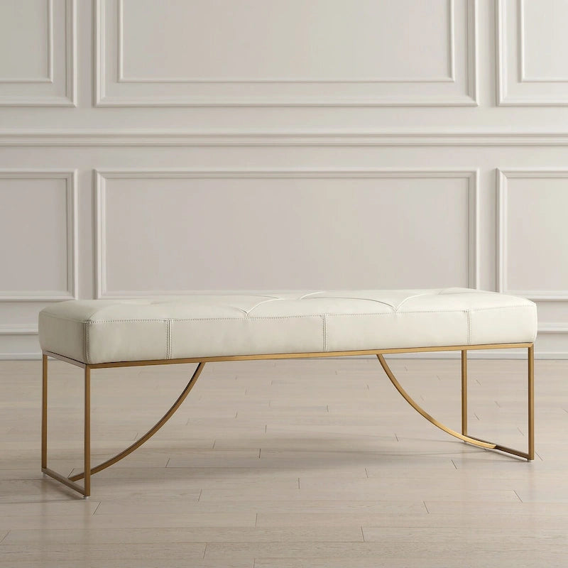 Banc capitonné en cuir pleine fleur ivoire avec base en acier brossé couleur laiton