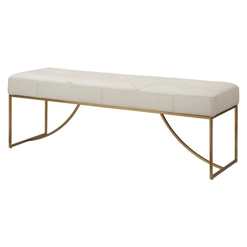 Banc capitonné en cuir pleine fleur ivoire avec base en acier brossé couleur laiton