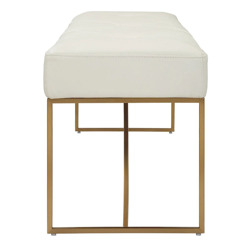 Banc capitonné en cuir pleine fleur ivoire avec base en acier brossé couleur laiton